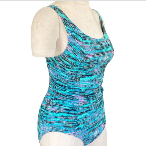 Speedo One Piece Ruched Swimsuit Sz 10 Blue Green Purple Black 11R - Picture 3 of 8